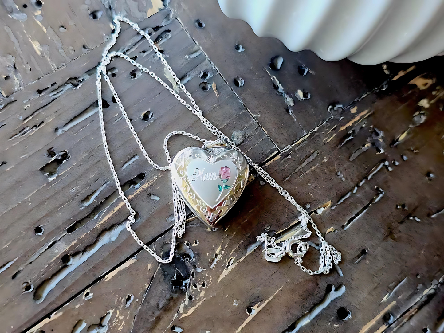 925 Sterling Silver 3/4inches Heart Locket Pendant for Mom with a Red Rose