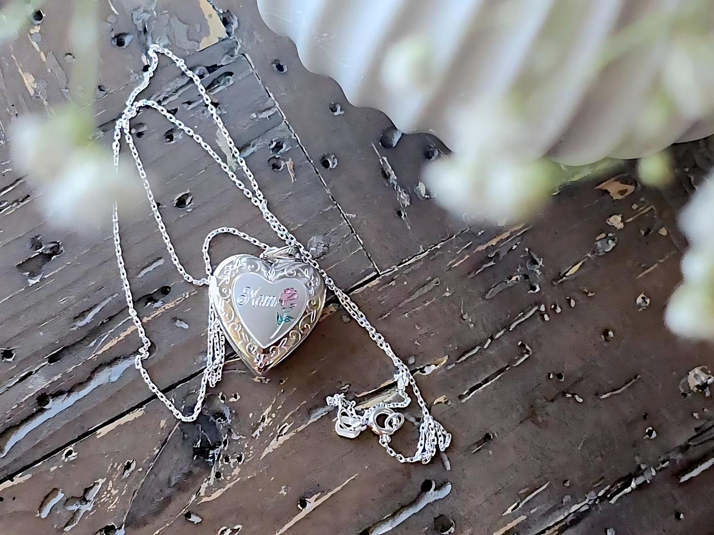 925 Sterling Silver 3/4inches Heart Locket Pendant for Mom with a Red Rose