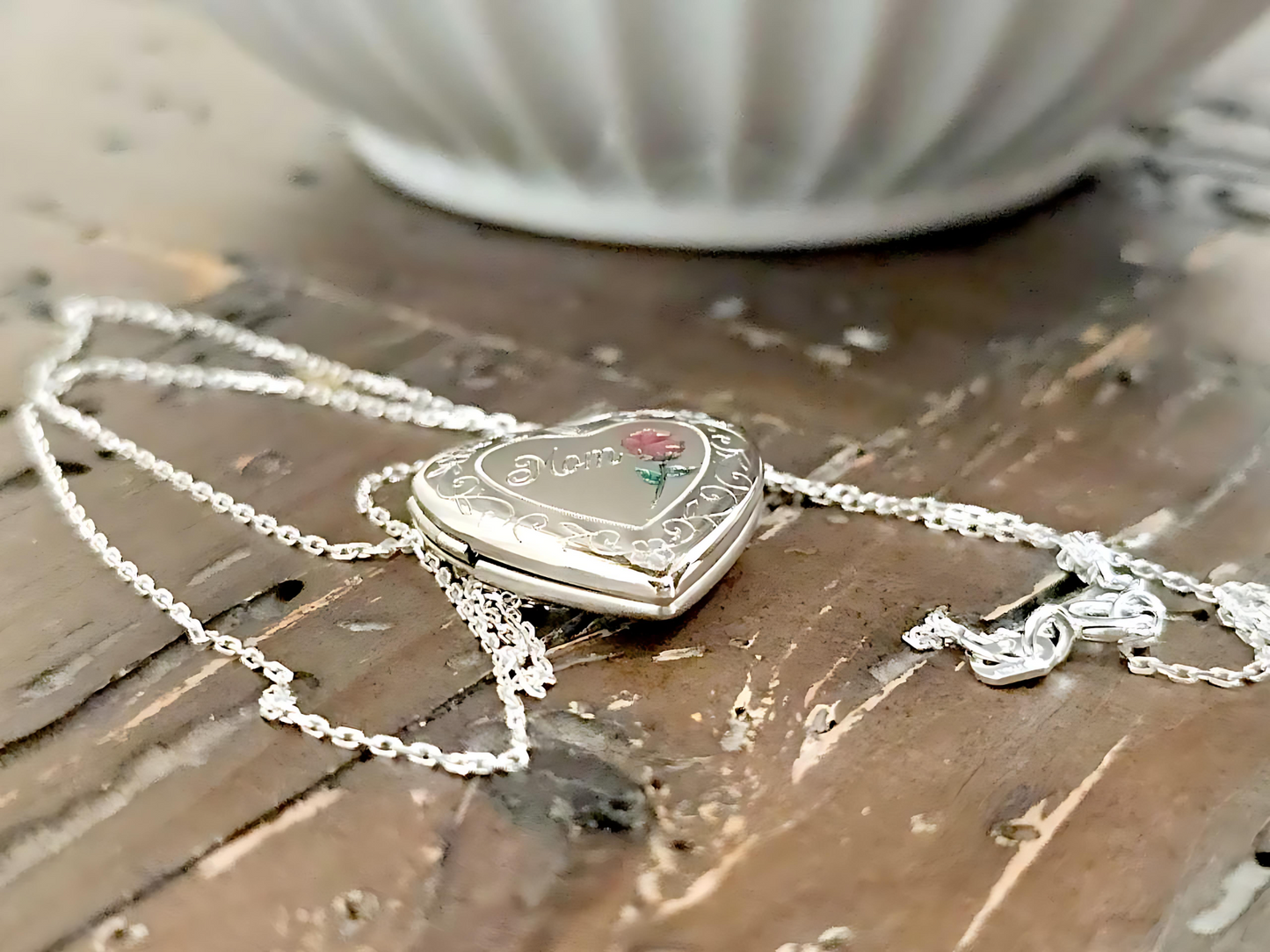 925 Sterling Silver 3/4inches Heart Locket Pendant for Mom with a Red Rose