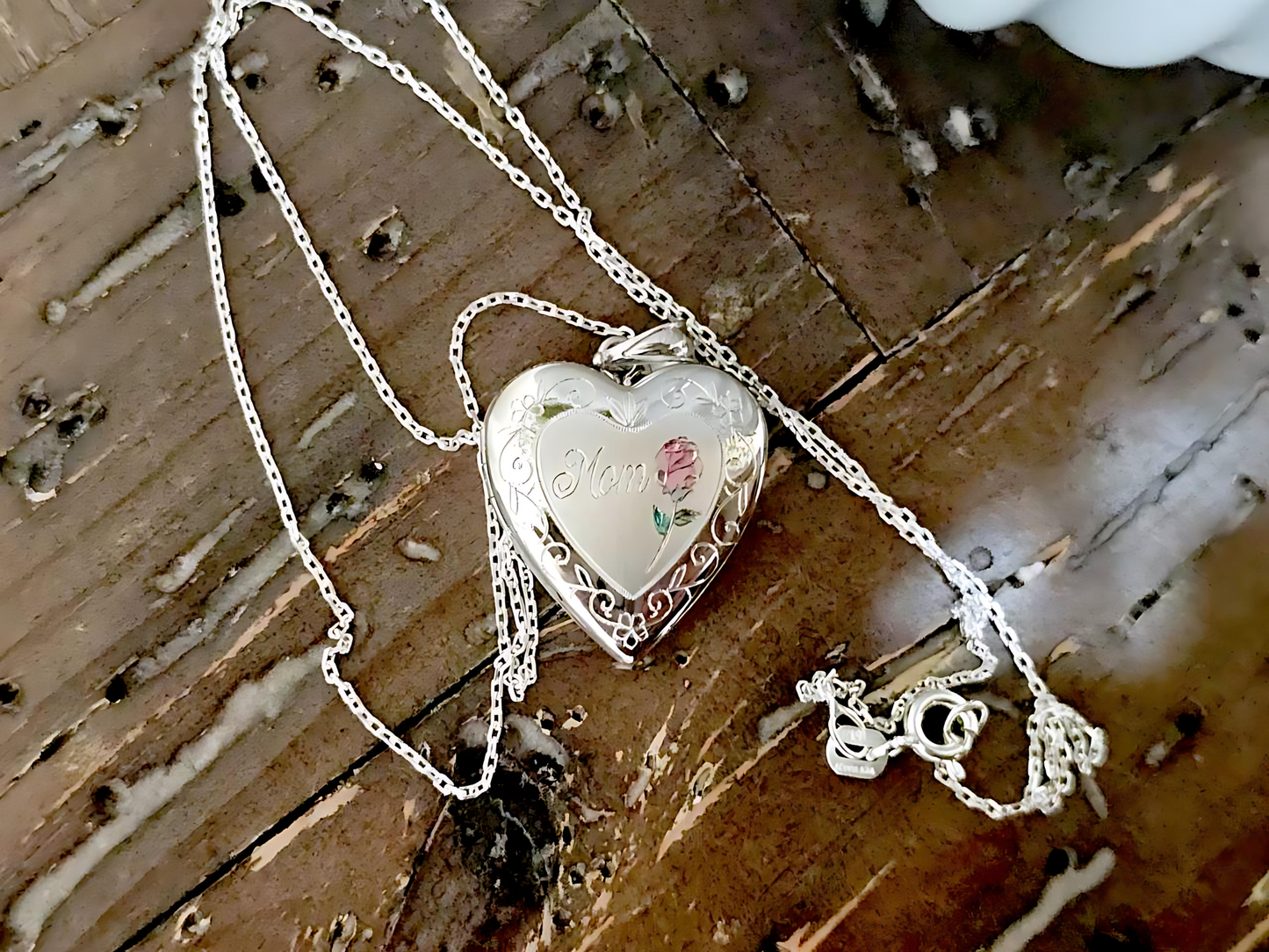 925 Sterling Silver 3/4inches Heart Locket Pendant for Mom with a Red Rose