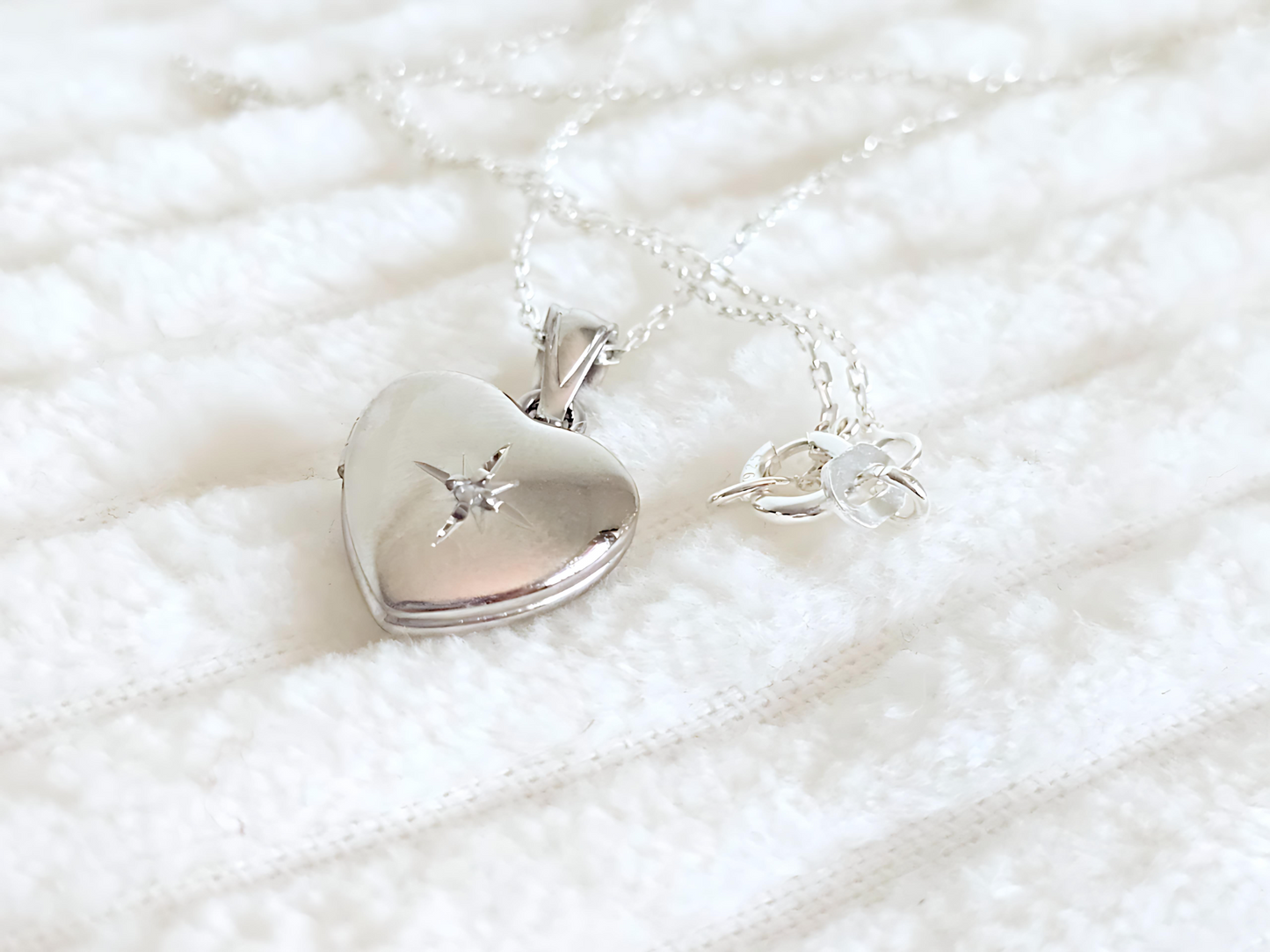 925 Sterling Silver Tiny Dainty 1/2 inch Diamond Heart Locket Pendant Necklace