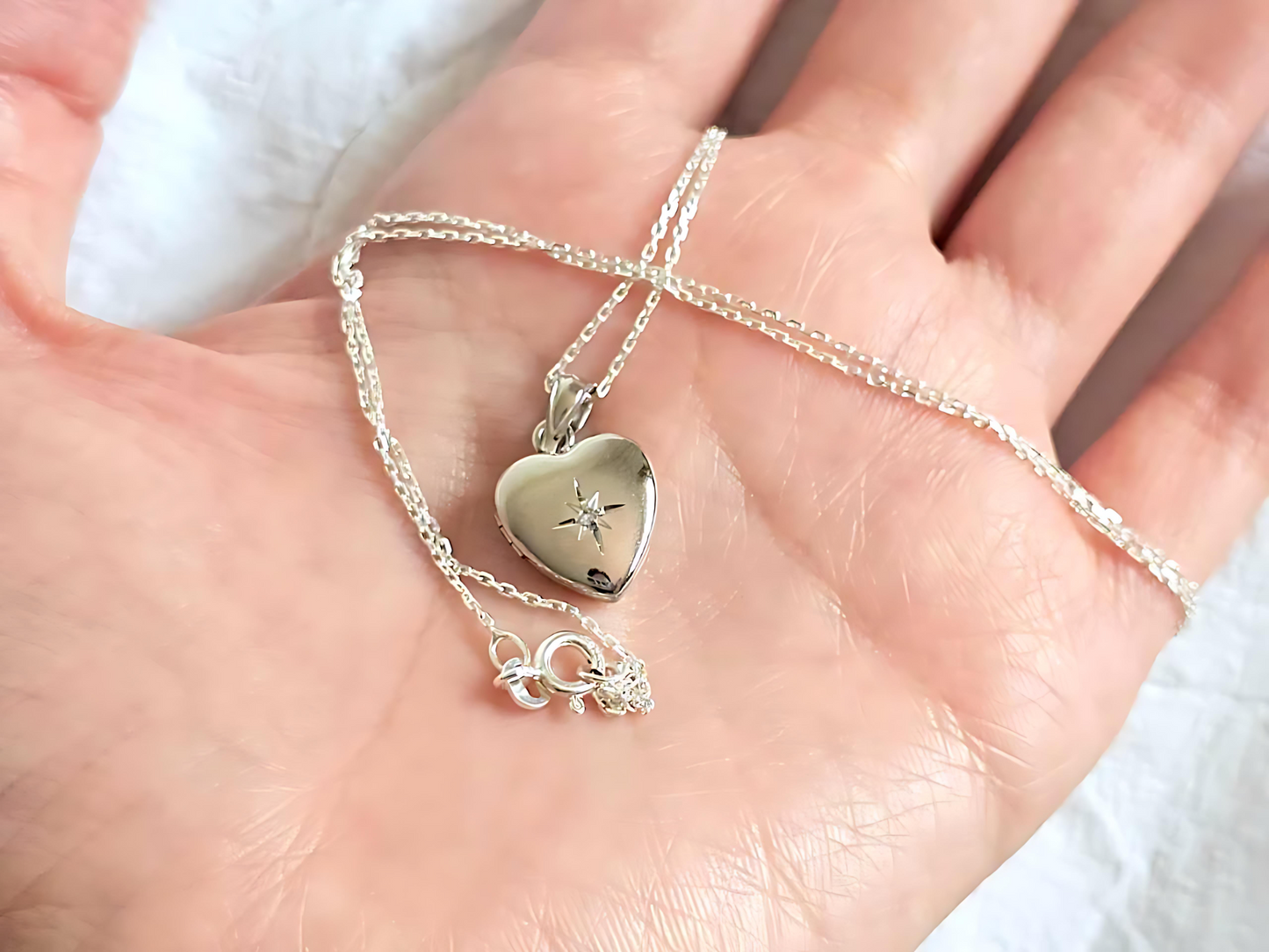 925 Sterling Silver Tiny Dainty 1/2 inch Diamond Heart Locket Pendant Necklace