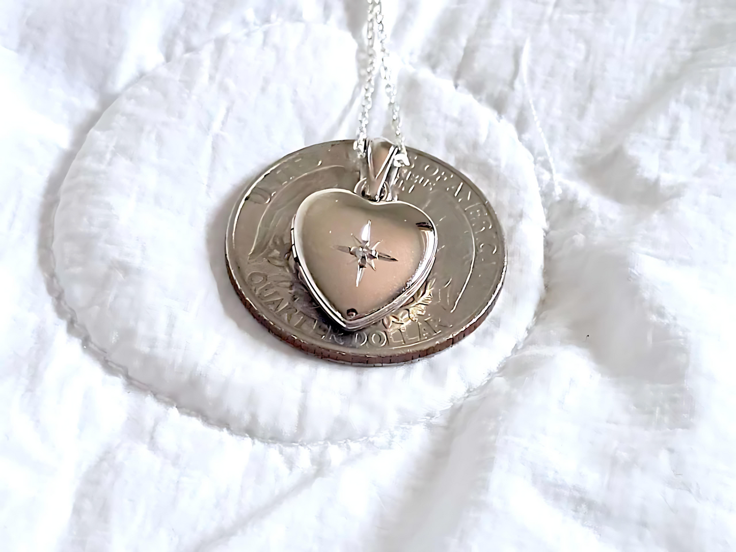 925 Sterling Silver Tiny Dainty 1/2 inch Diamond Heart Locket Pendant Necklace