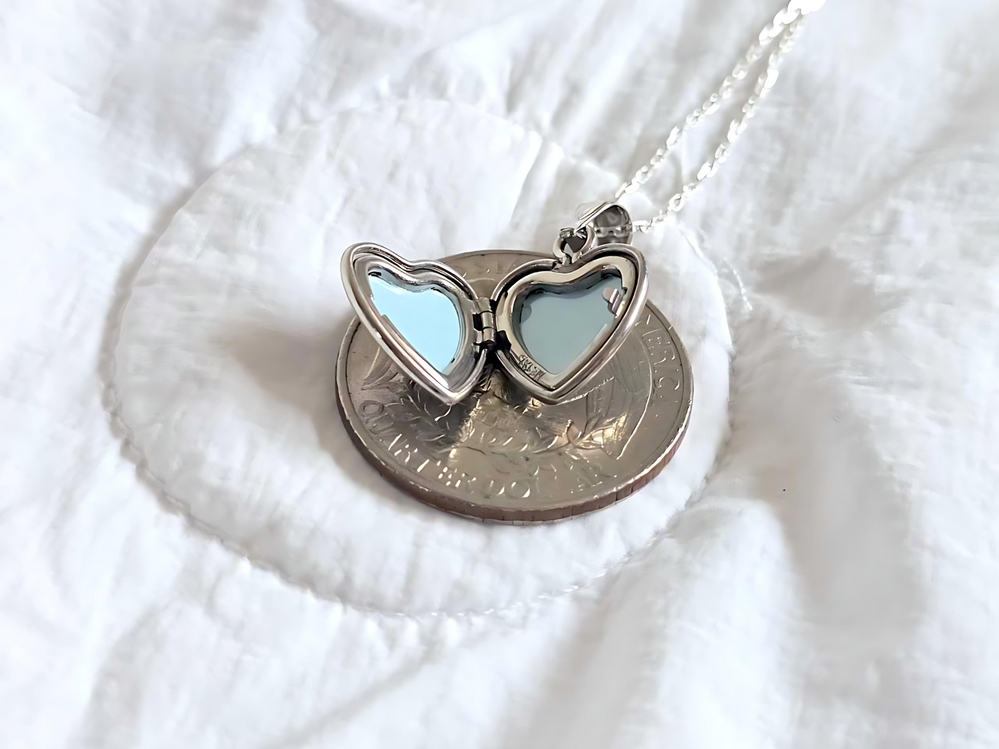 925 Sterling Silver Tiny Dainty 1/2 inch Diamond Heart Locket Pendant Necklace