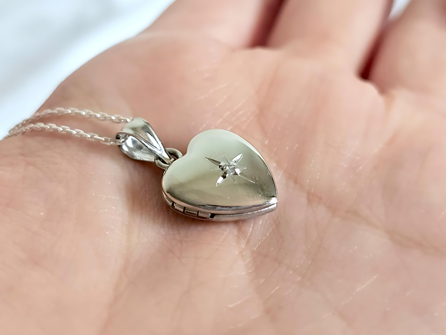 925 Sterling Silver Tiny Dainty 1/2 inch Diamond Heart Locket Pendant Necklace