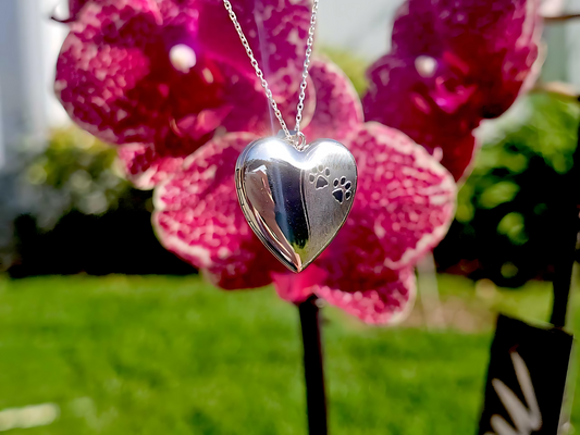925 Sterling Silver Heart with Paw Prints Locket Urn Pendant Necklace