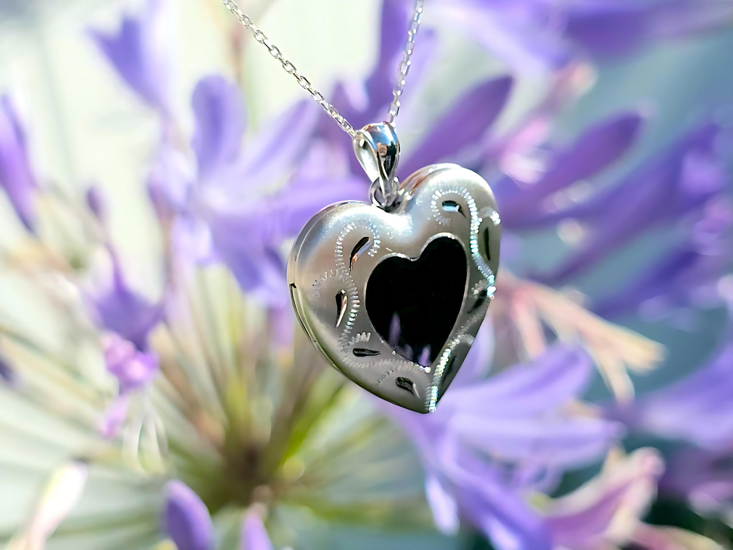 925 Sterling Silver Heart Locket with Scroll Etching Heart Center Pendant Necklace