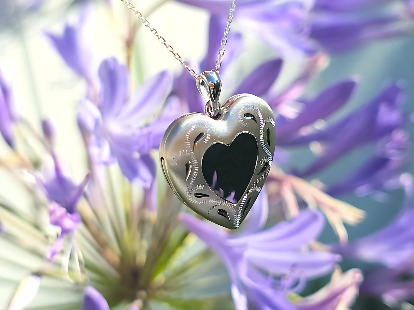 925 Sterling Silver Heart Locket with Scroll Etching Heart Center Pendant Necklace