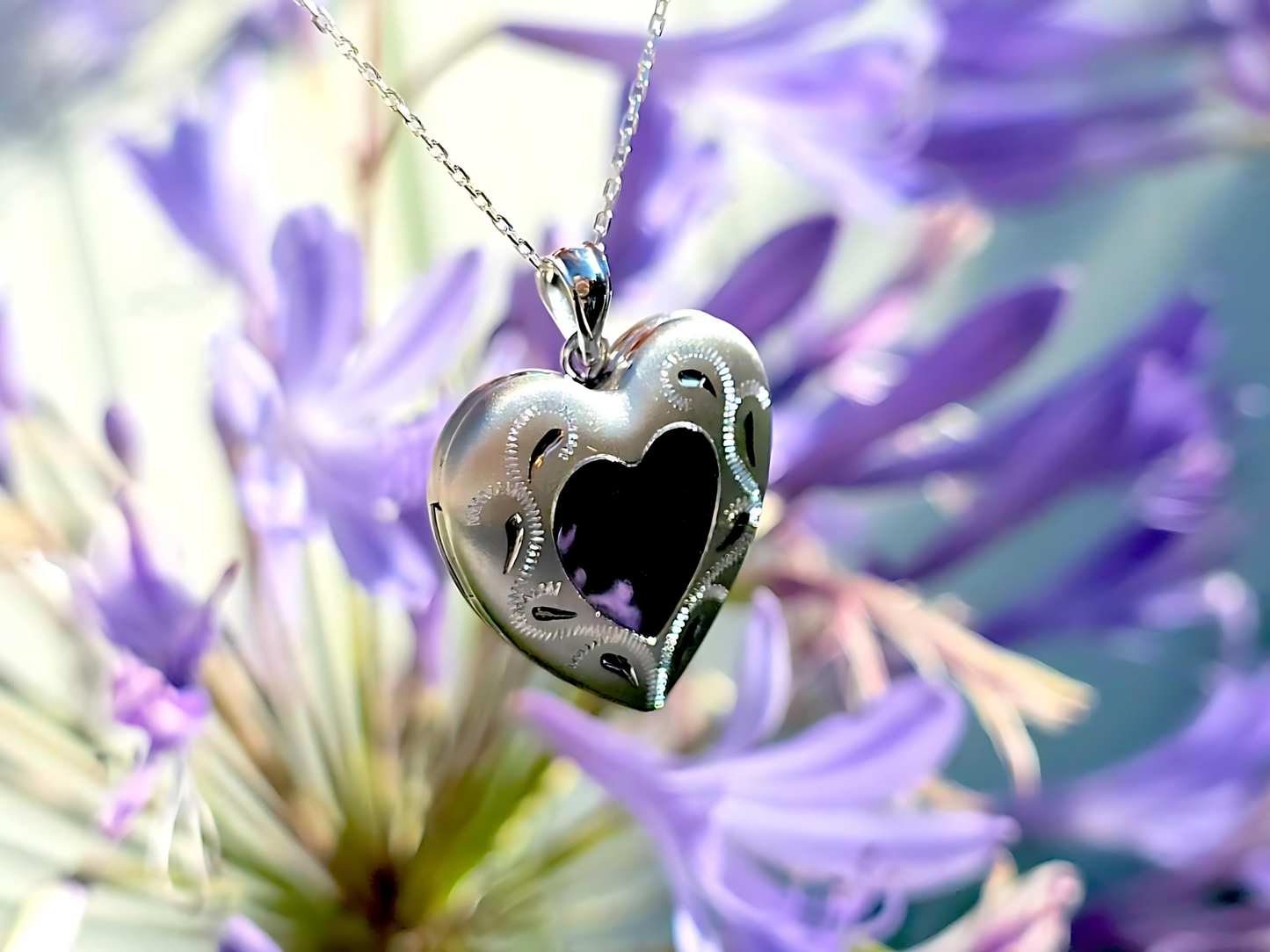 925 Sterling Silver Heart Locket with Scroll Etching Heart Center Pendant Necklace