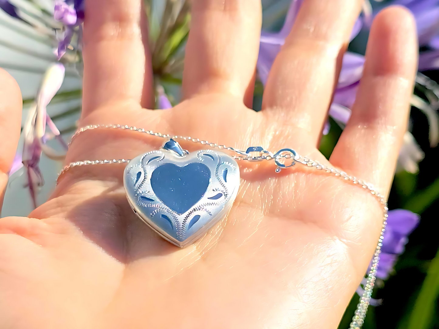 925 Sterling Silver Heart Locket with Scroll Etching Heart Center Pendant Necklace