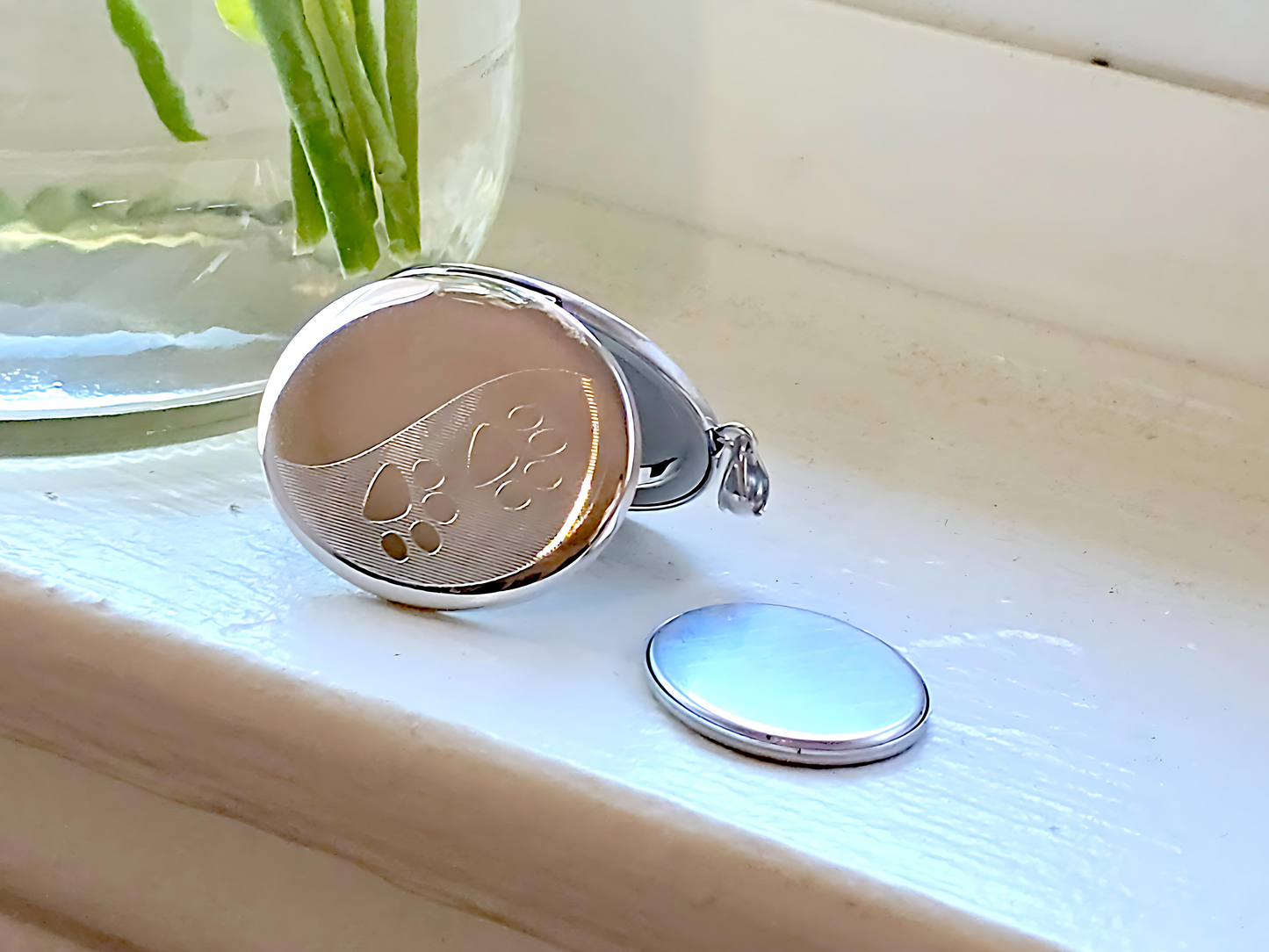 925 Sterling Silver Oval Locket with Paw Prints and Urn Case Pendant Necklace