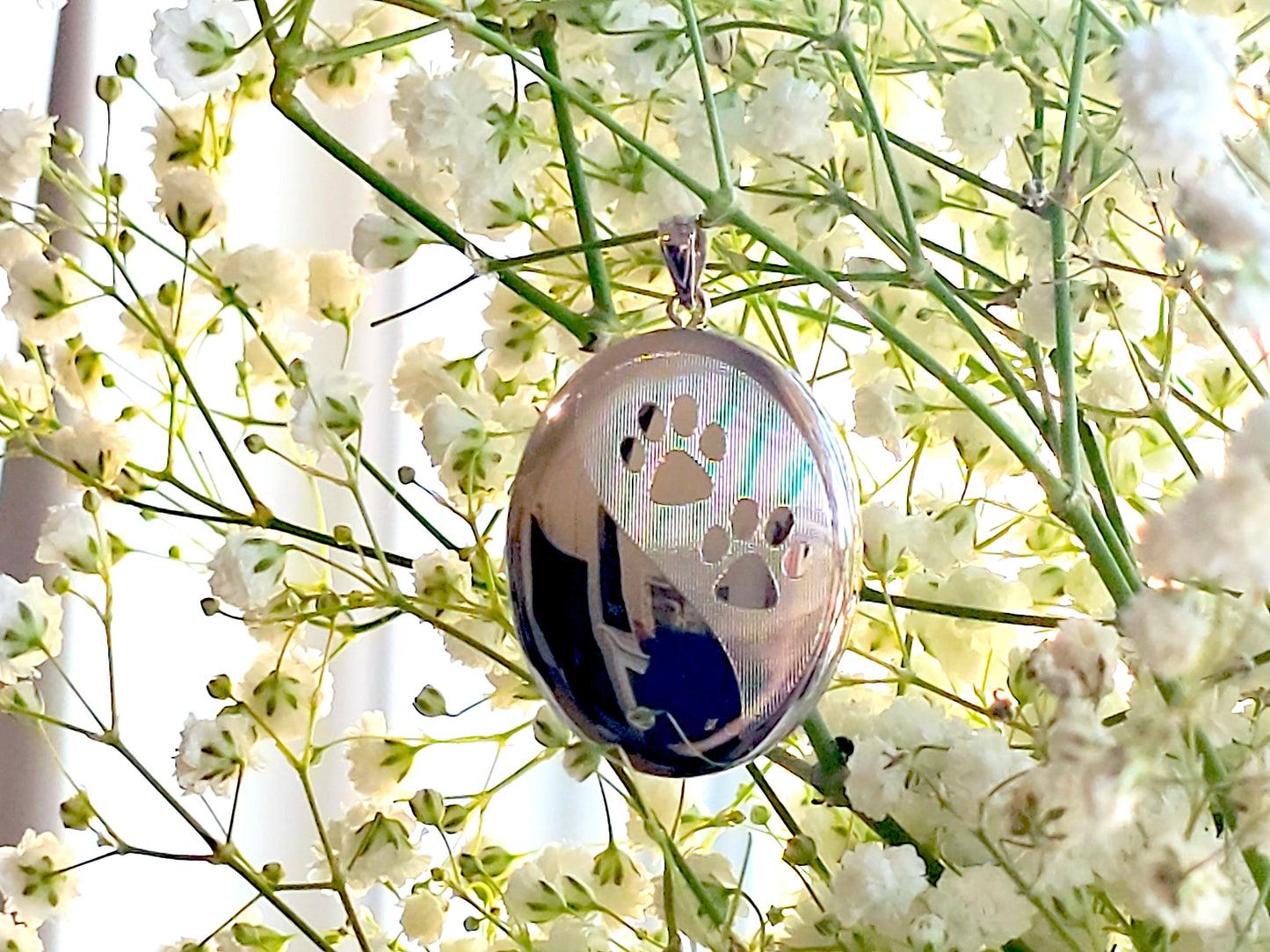 925 Sterling Silver Oval Locket with Paw Prints and Urn Case Pendant Necklace