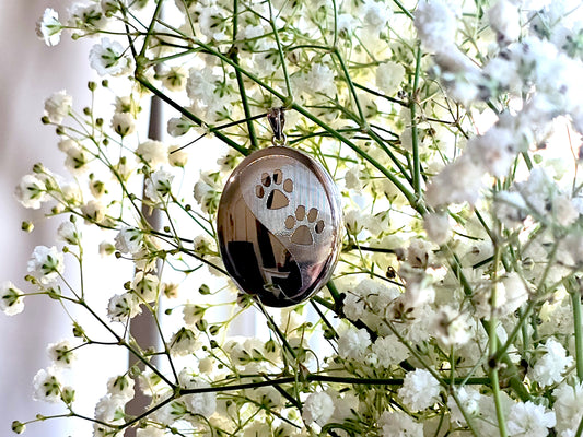 925 Sterling Silver Oval Locket with Paw Prints and Urn Case Pendant Necklace