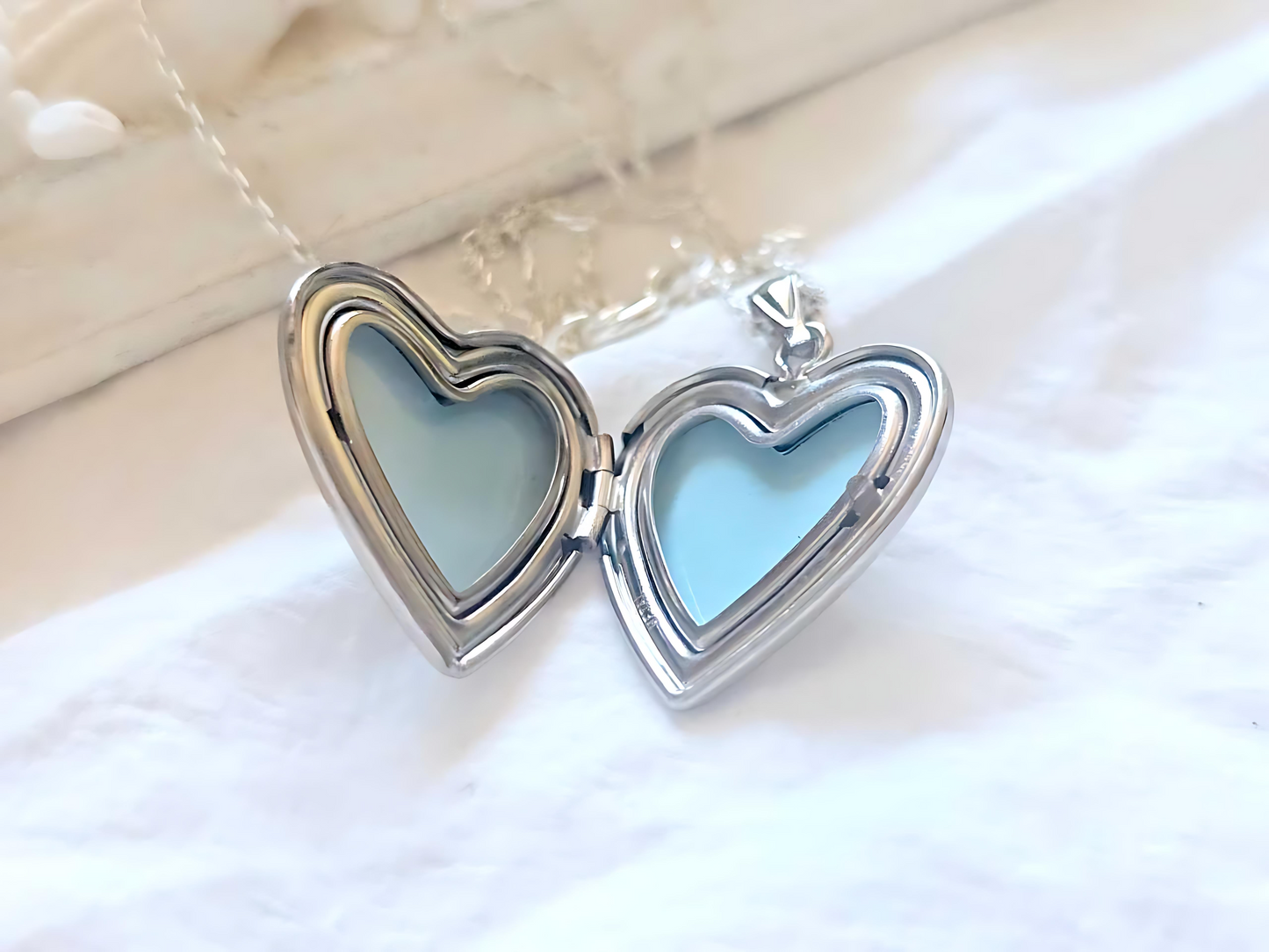 925 Sterling Silver 3/4 inch Diamond Heart Locket Pendant Necklace