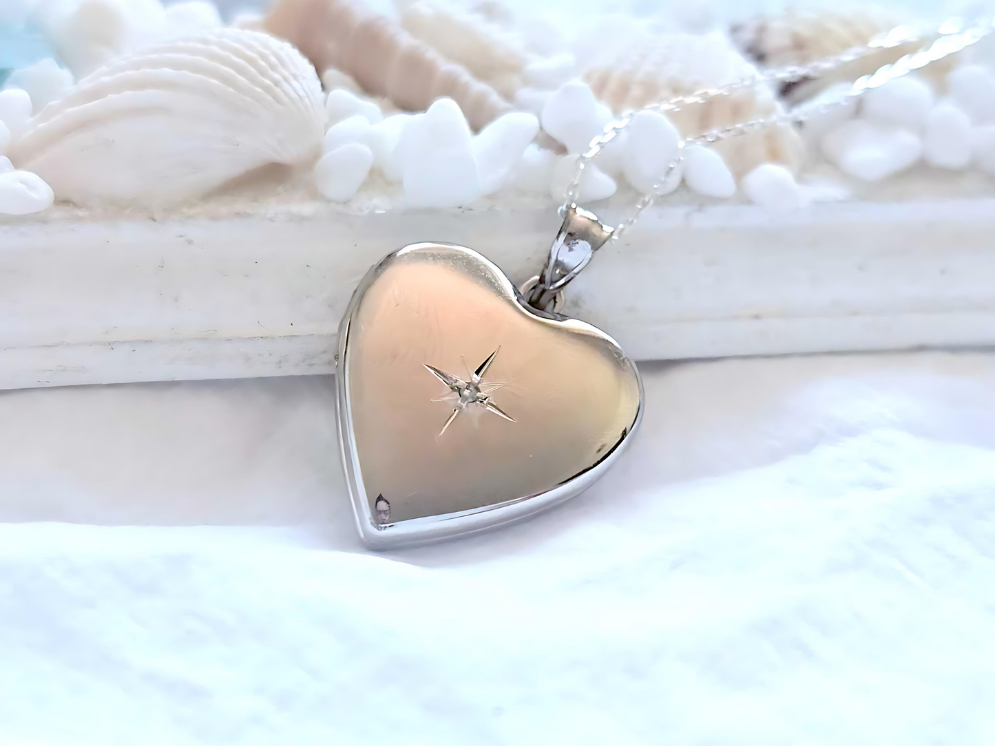 925 Sterling Silver 3/4 inch Diamond Heart Locket Pendant Necklace