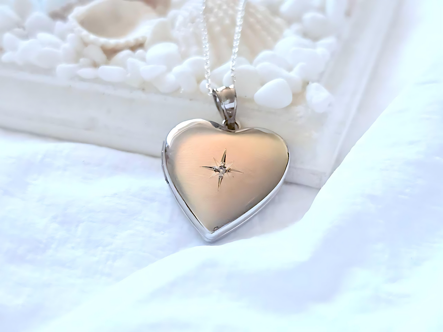 925 Sterling Silver 3/4 inch Diamond Heart Locket Pendant Necklace
