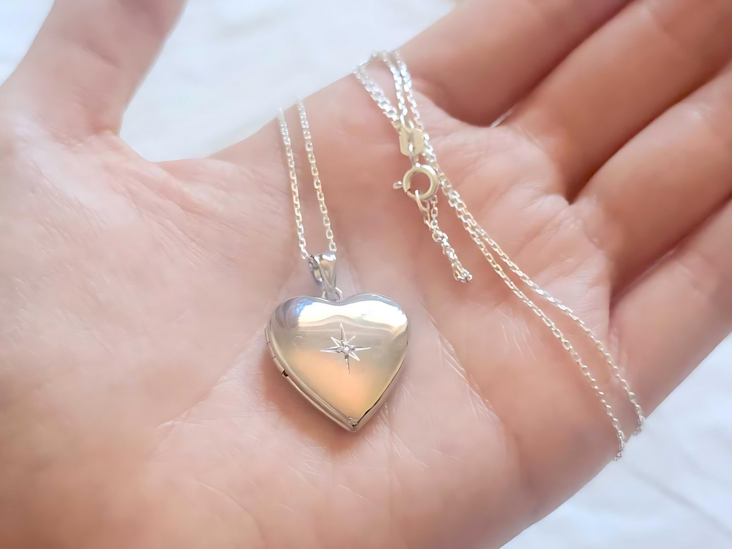 925 Sterling Silver 3/4 inch Diamond Heart Locket Pendant Necklace