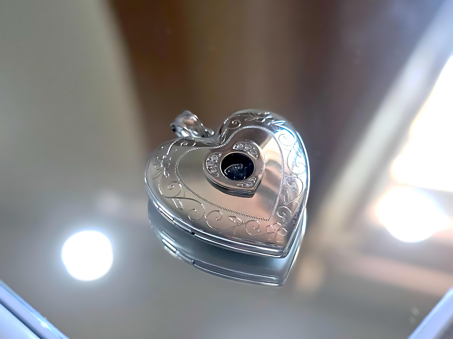 925 Sterling Silver 1 inch Dancing Cubic Zirconia Stone Heart Locket with Scroll Etching Pendant Necklace