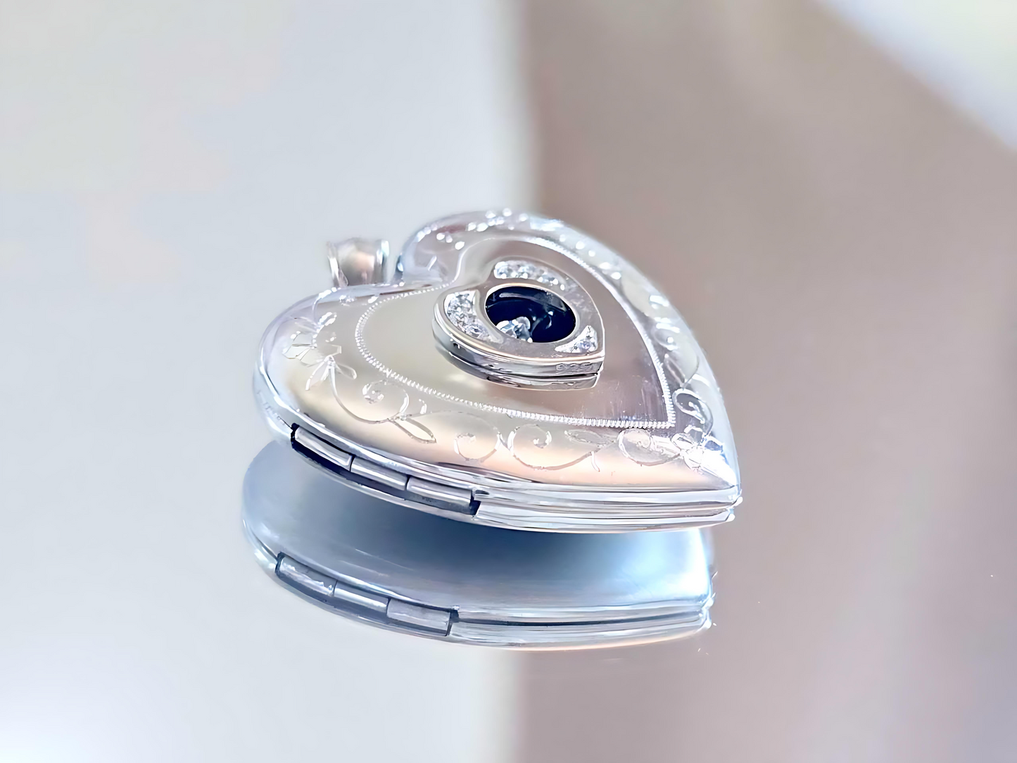 925 Sterling Silver 1 inch Dancing Cubic Zirconia Stone Heart Locket with Scroll Etching Pendant Necklace