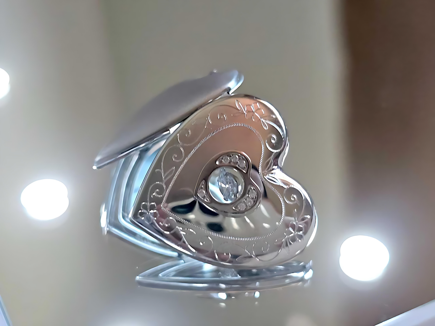 925 Sterling Silver 1 inch Dancing Cubic Zirconia Stone Heart Locket with Scroll Etching Pendant Necklace