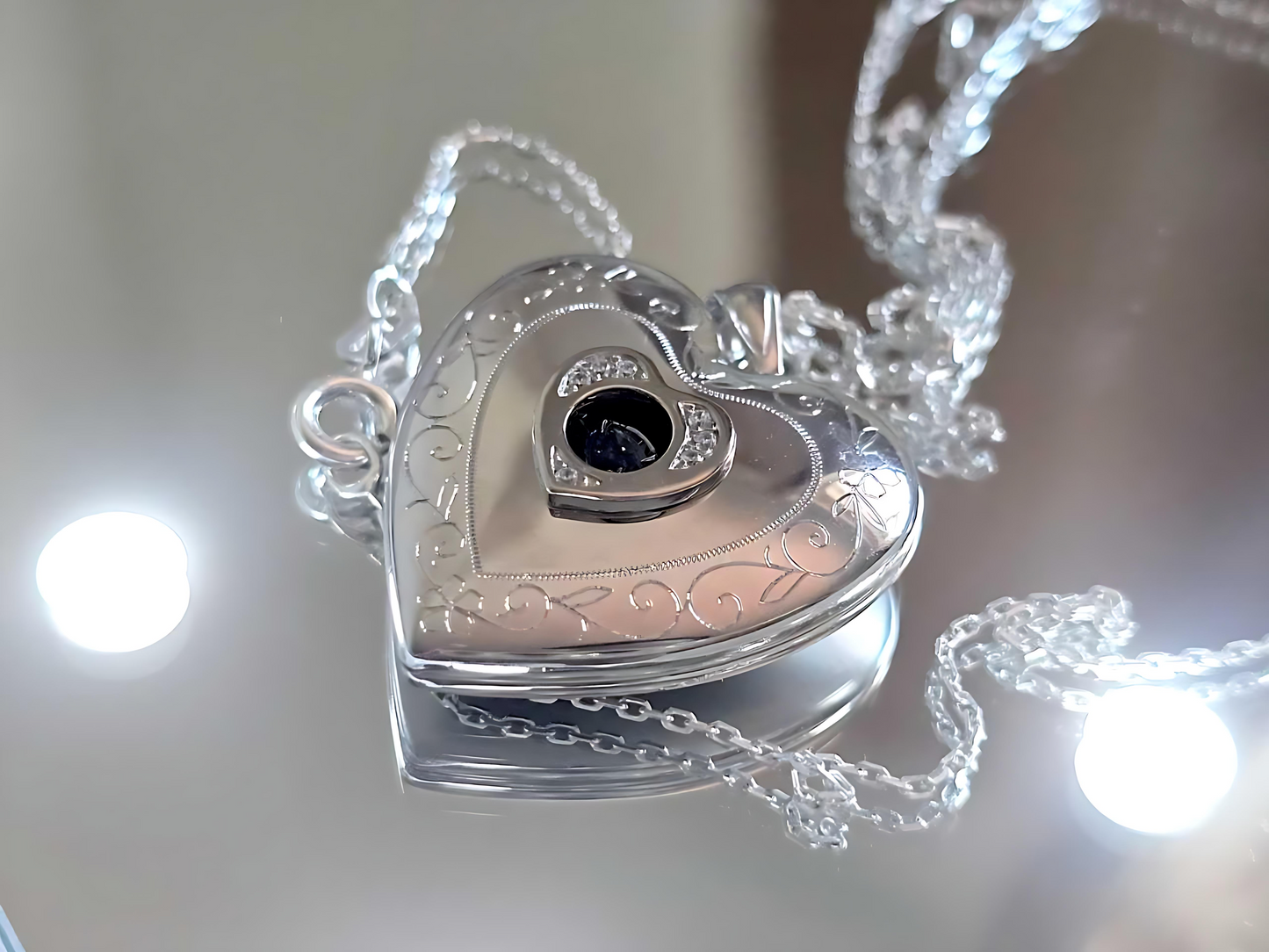 925 Sterling Silver 1 inch Dancing Cubic Zirconia Stone Heart Locket with Scroll Etching Pendant Necklace