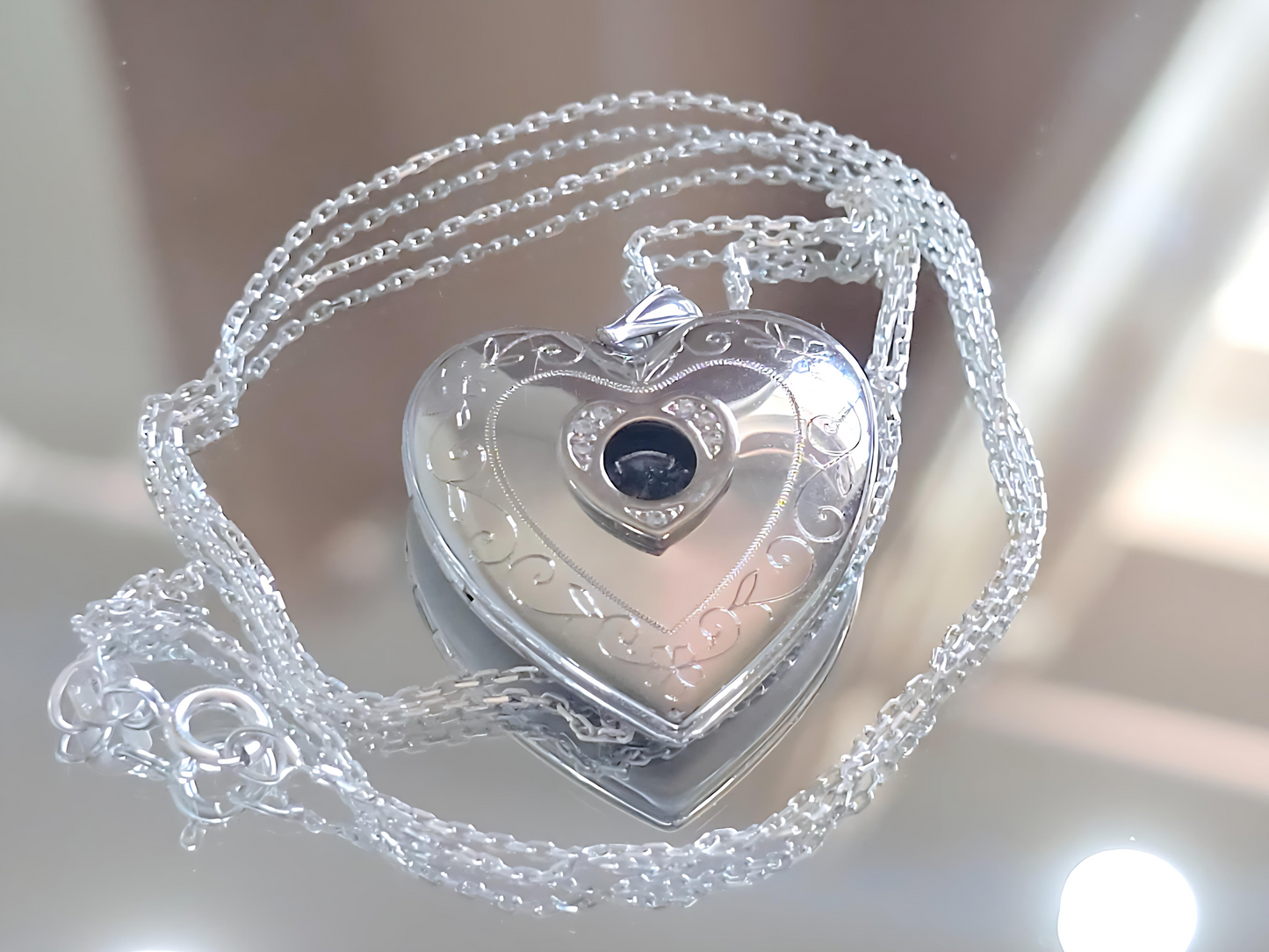 925 Sterling Silver 1 inch Dancing Cubic Zirconia Stone Heart Locket with Scroll Etching Pendant Necklace