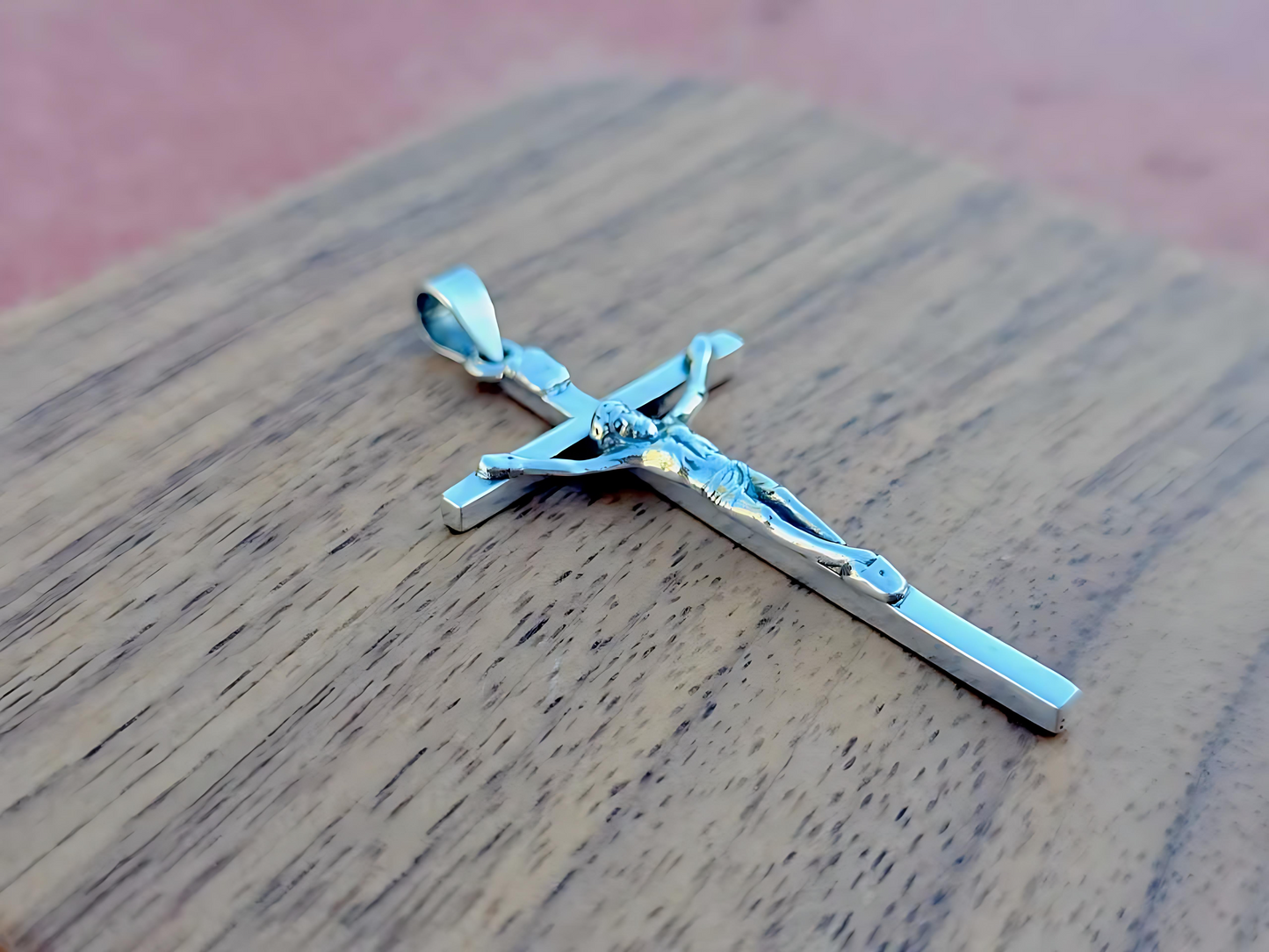 925 Sterling Silver Thin Crucifix Pendant Necklace with Rope Chain