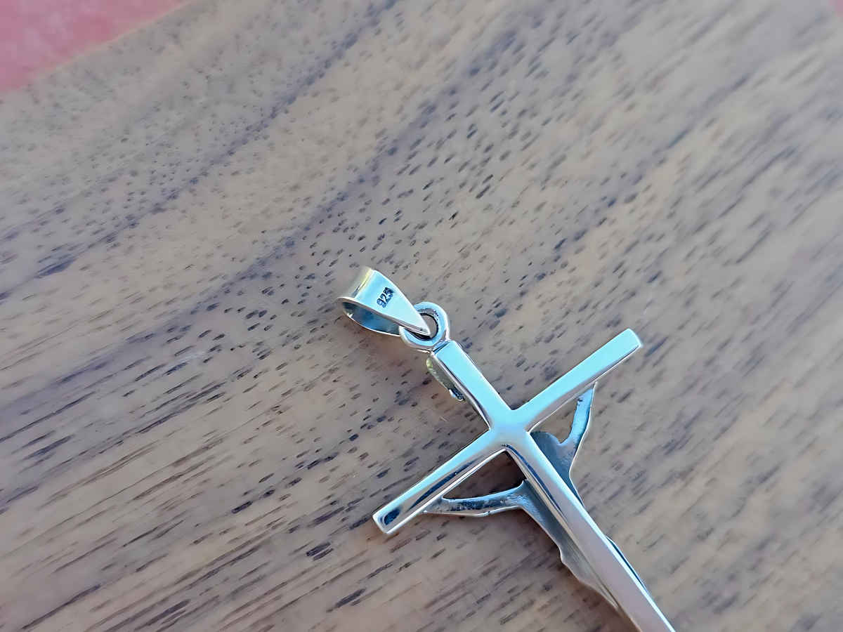 925 Sterling Silver Thin Crucifix Pendant Necklace with Rope Chain