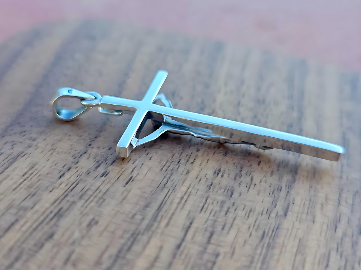 925 Sterling Silver Thin Crucifix Pendant Necklace with Rope Chain