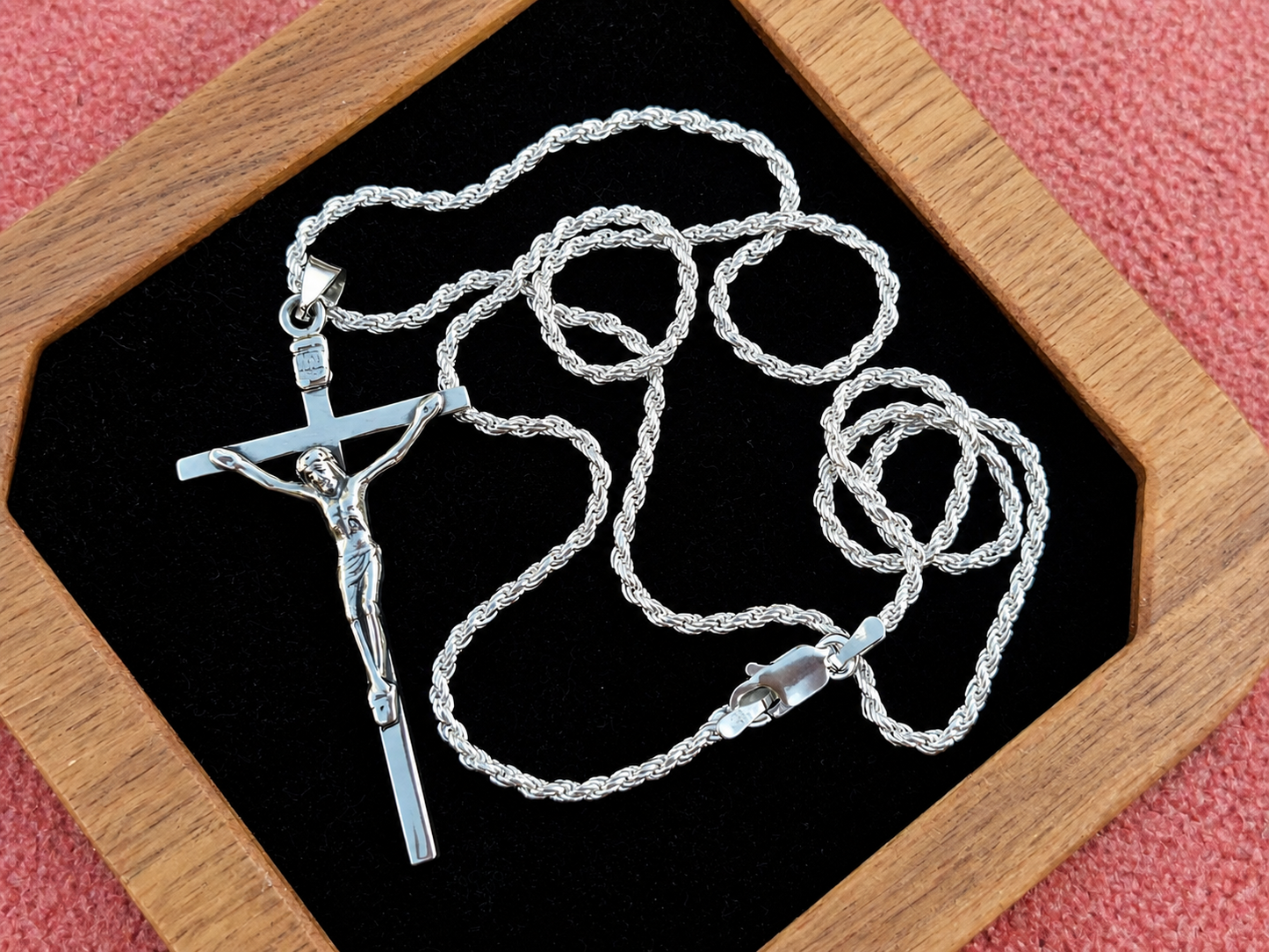 925 Sterling Silver Thin Crucifix Pendant Necklace with Rope Chain