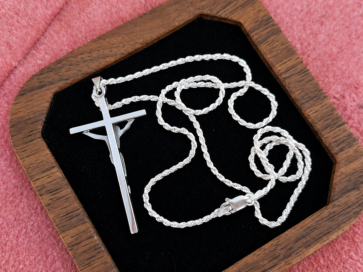 925 Sterling Silver Thin Crucifix Pendant Necklace with Rope Chain