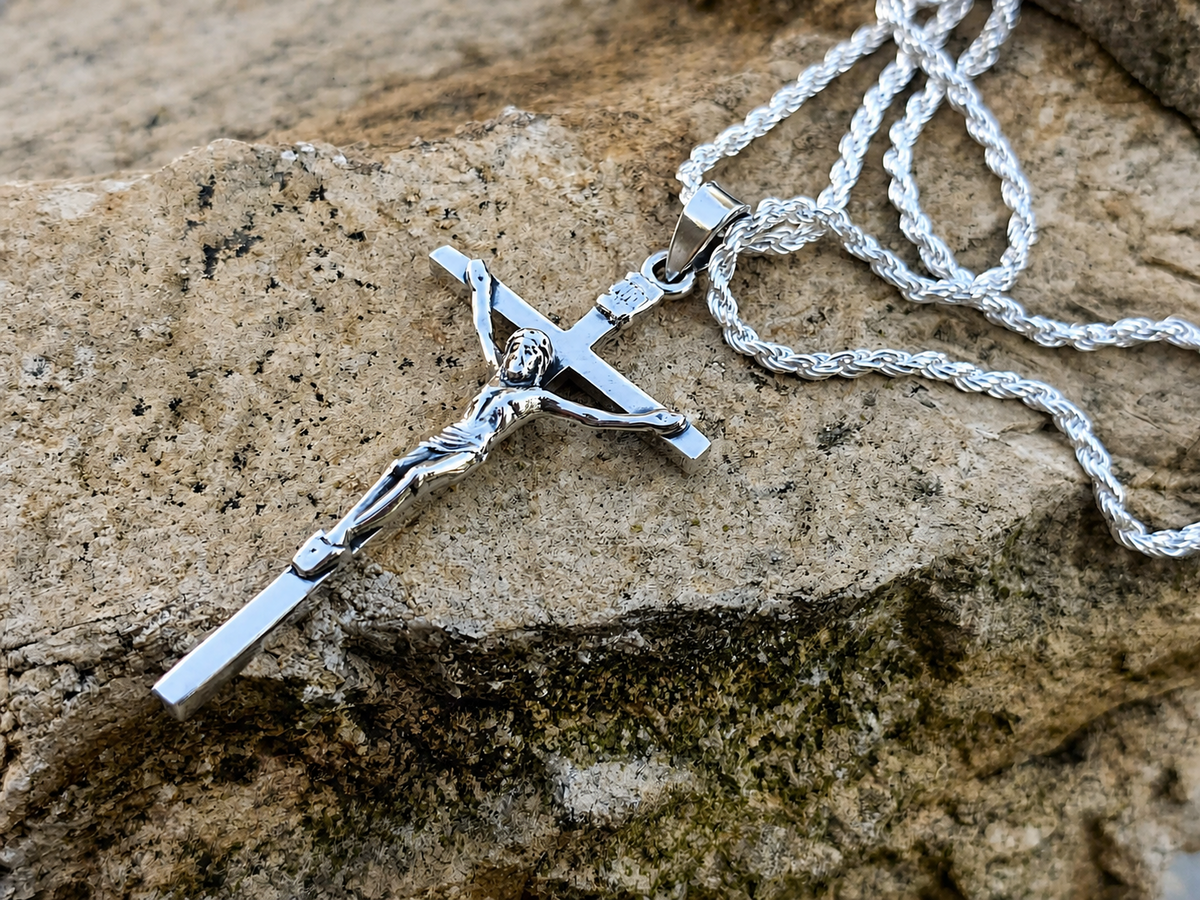 925 Sterling Silver Thin Crucifix Pendant Necklace with Rope Chain