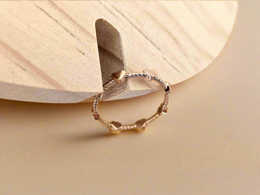 14K Solid Gold Handmade Ring Band with Mini Hearts