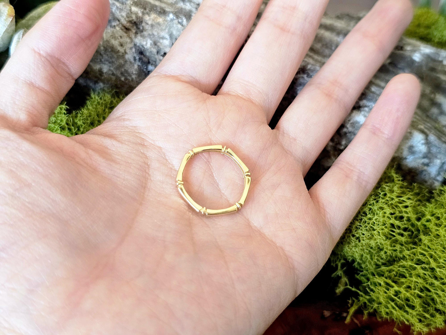 14K Solid Gold Handmade Ring Band in Round Hexagon Shape