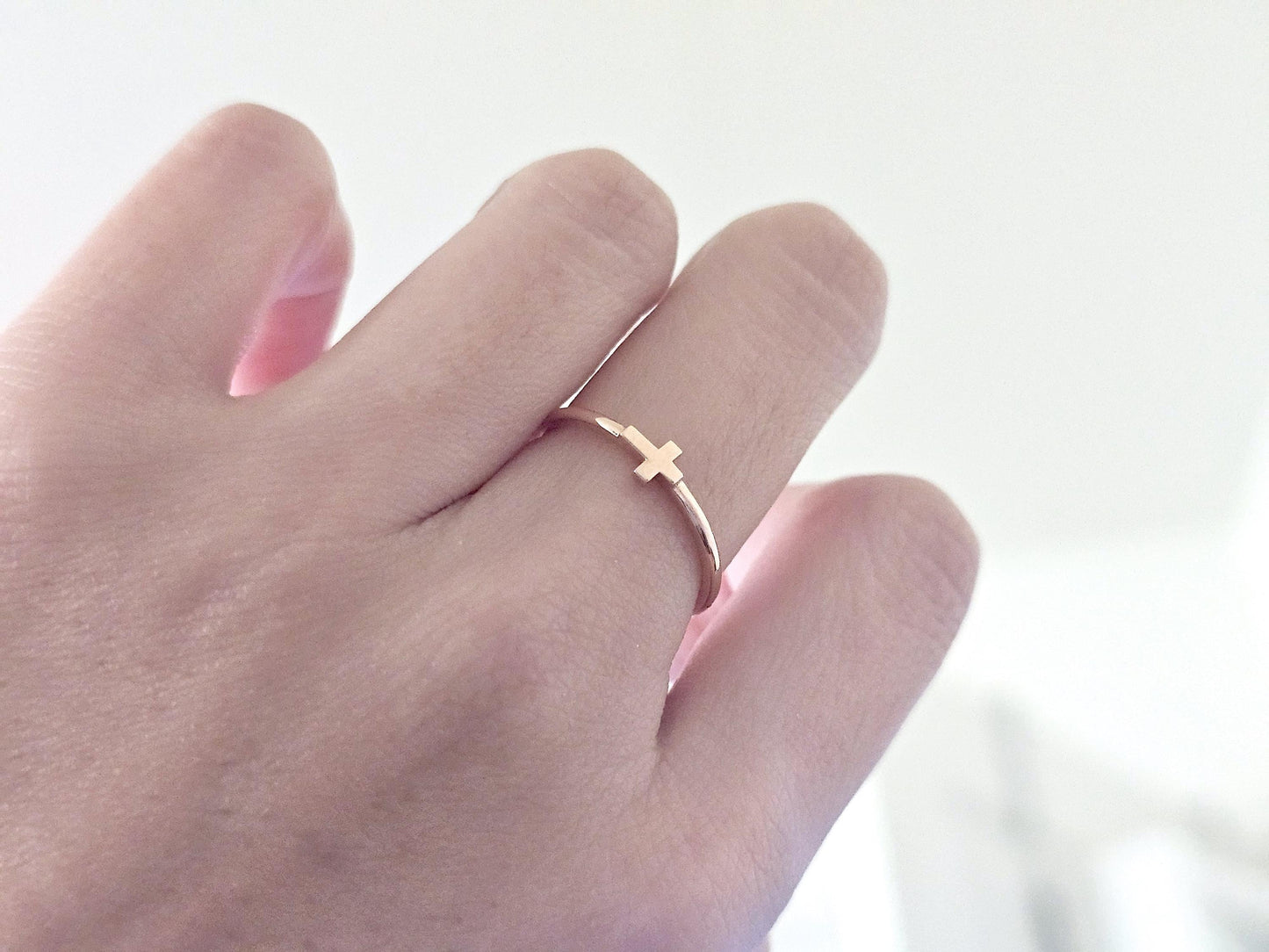 14K Solid Gold Handmade Ring Band with a Sideway Cross
