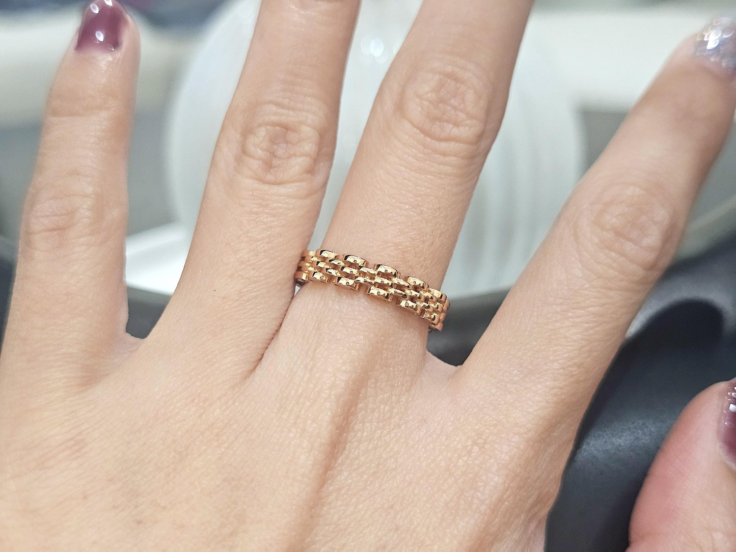 14K Solid Gold Handmade Brick Chain Ring Band