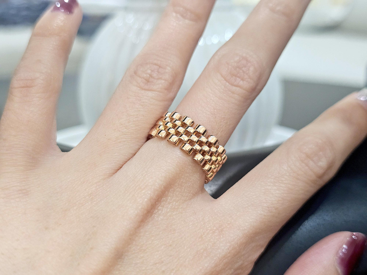 14K Solid Gold Handmade Brick Chain Ring Band