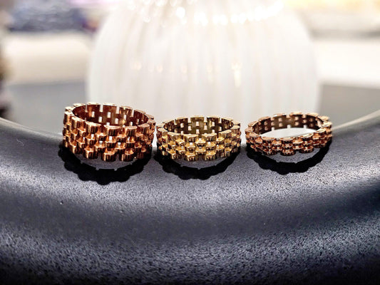14K Solid Gold Handmade Brick Chain Ring Band