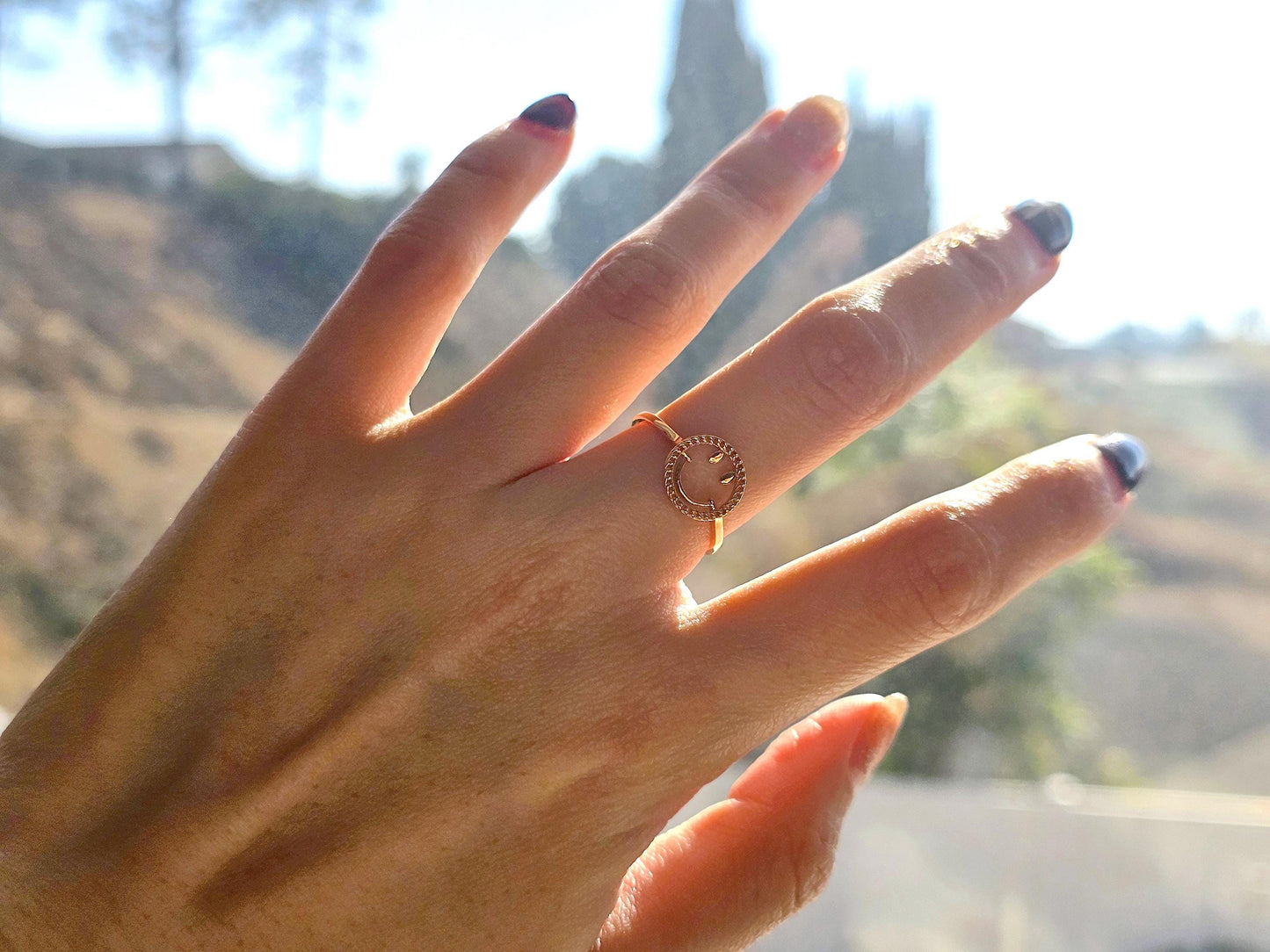 14K Solid Gold Handmade Ring Band with a Smiley Face