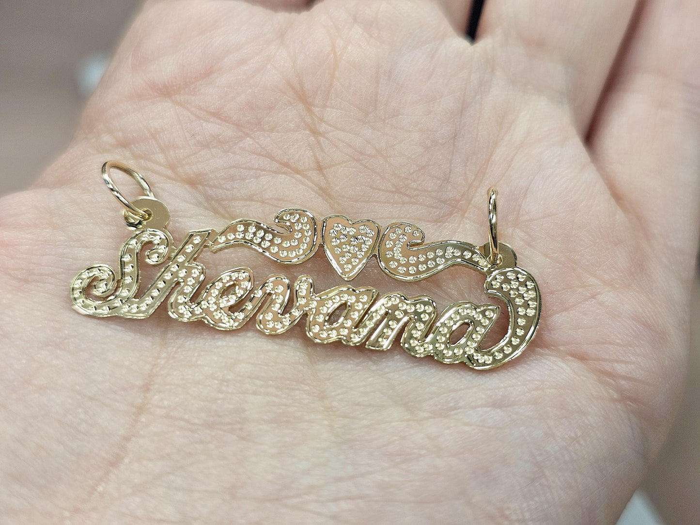 14K Solid Yellow Gold Cursive Dotted Name Pendant Necklace with Heart