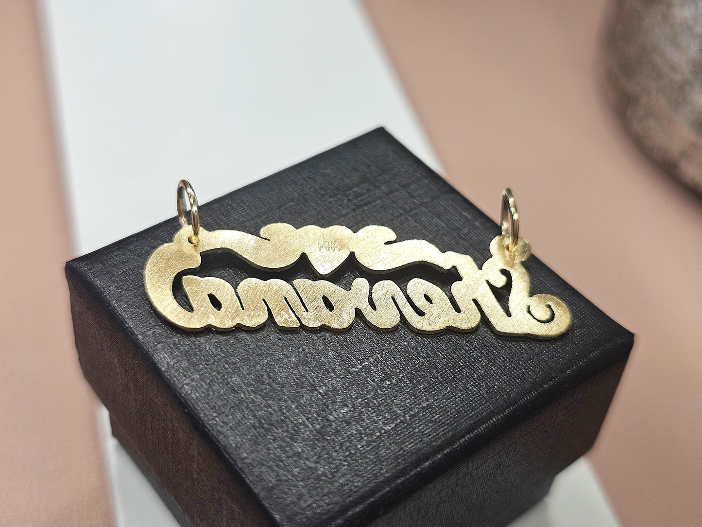 14K Solid Yellow Gold Cursive Dotted Name Pendant Necklace with Heart