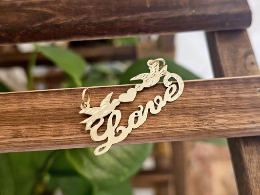 10K Solid Yellow Gold Name Pendant Necklace with Beautiful Doves and Solid Heart