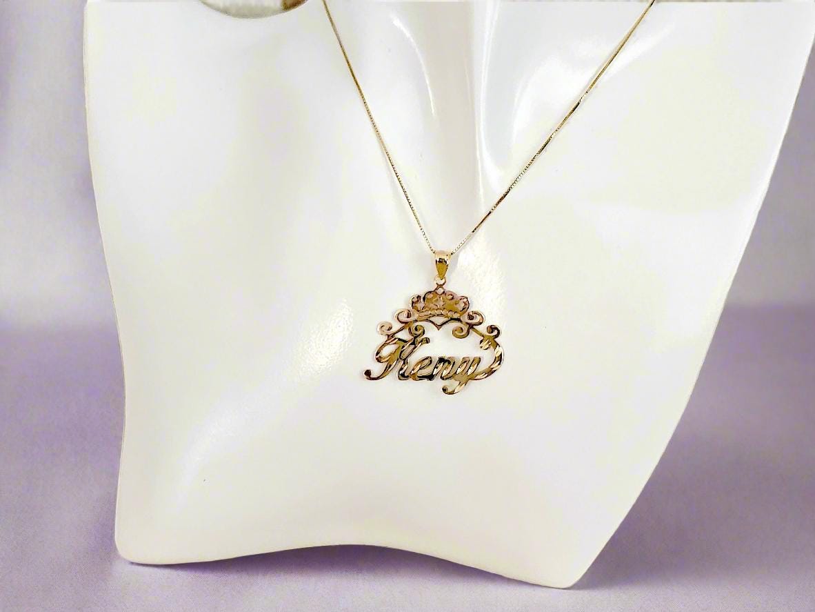 10K Solid Yellow Gold Personalized Custom Handmade Name Pendant with Crown