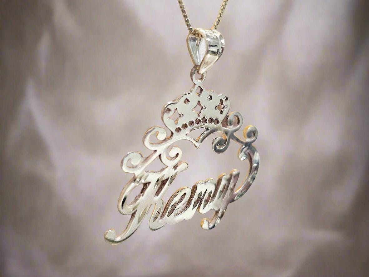 10K Solid Yellow Gold Personalized Custom Handmade Name Pendant with Crown