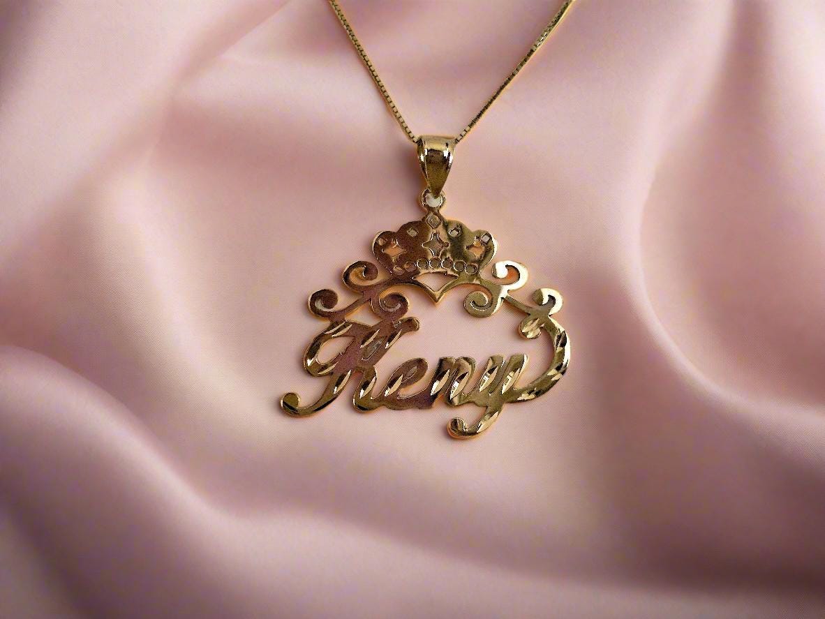 10K Solid Yellow Gold Personalized Custom Handmade Name Pendant with Crown