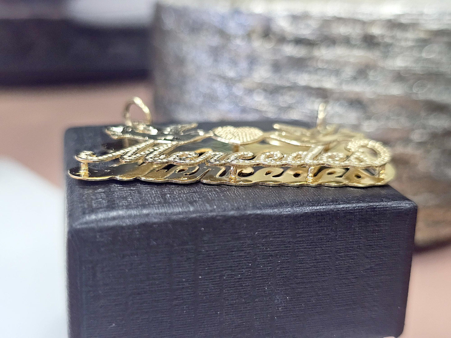 14K Solid Yellow Gold Cursive Dotted 3D Double Plated Name Pendant Necklace