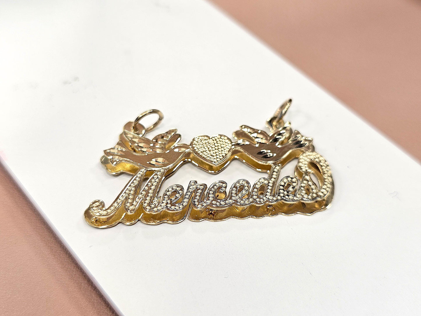 14K Solid Yellow Gold Cursive Dotted 3D Double Plated Name Pendant Necklace