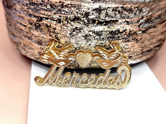 14K Solid Yellow Gold Cursive Dotted 3D Double Plated Name Pendant Necklace