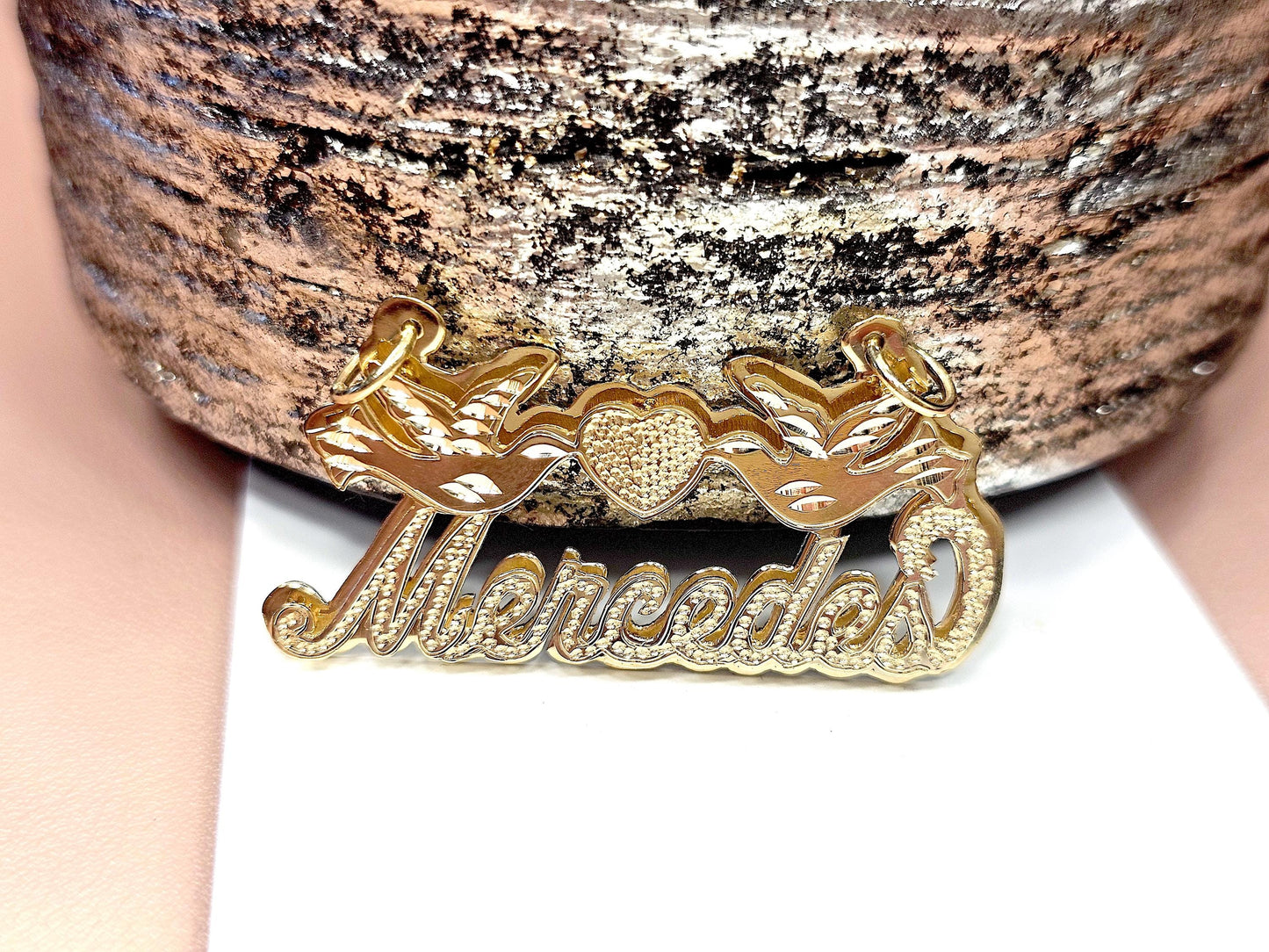 14K Solid Yellow Gold Cursive Dotted 3D Double Plated Name Pendant Necklace