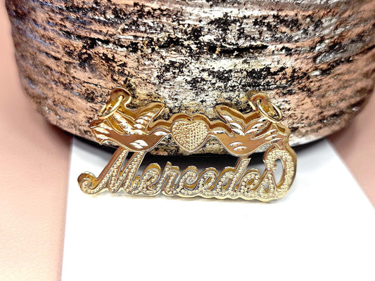 14K Solid Yellow Gold Cursive Dotted 3D Double Plated Name Pendant Necklace